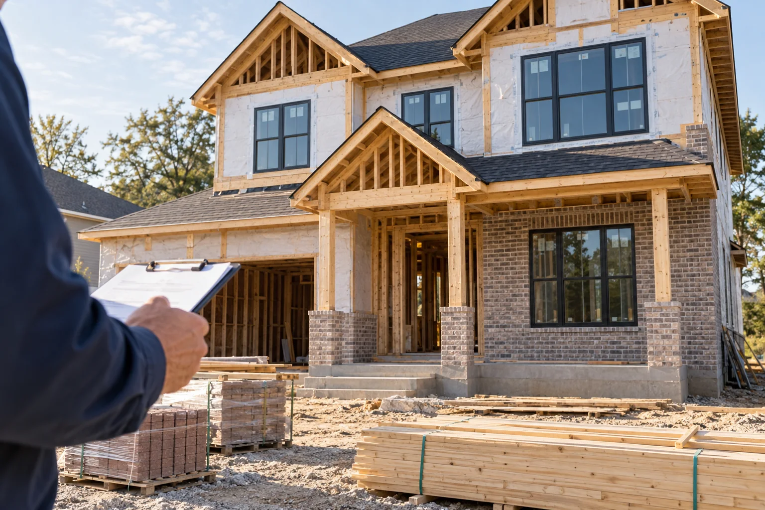 Illustrative construction progress inspection at a home under construction.