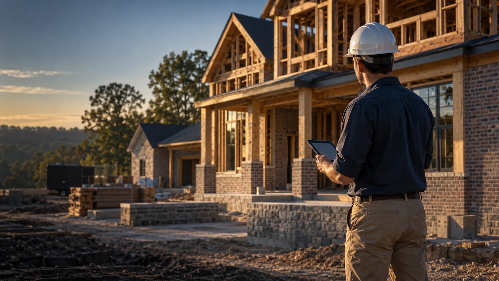Illustrative scene of an inspector reviewing construction progress with a tablet.