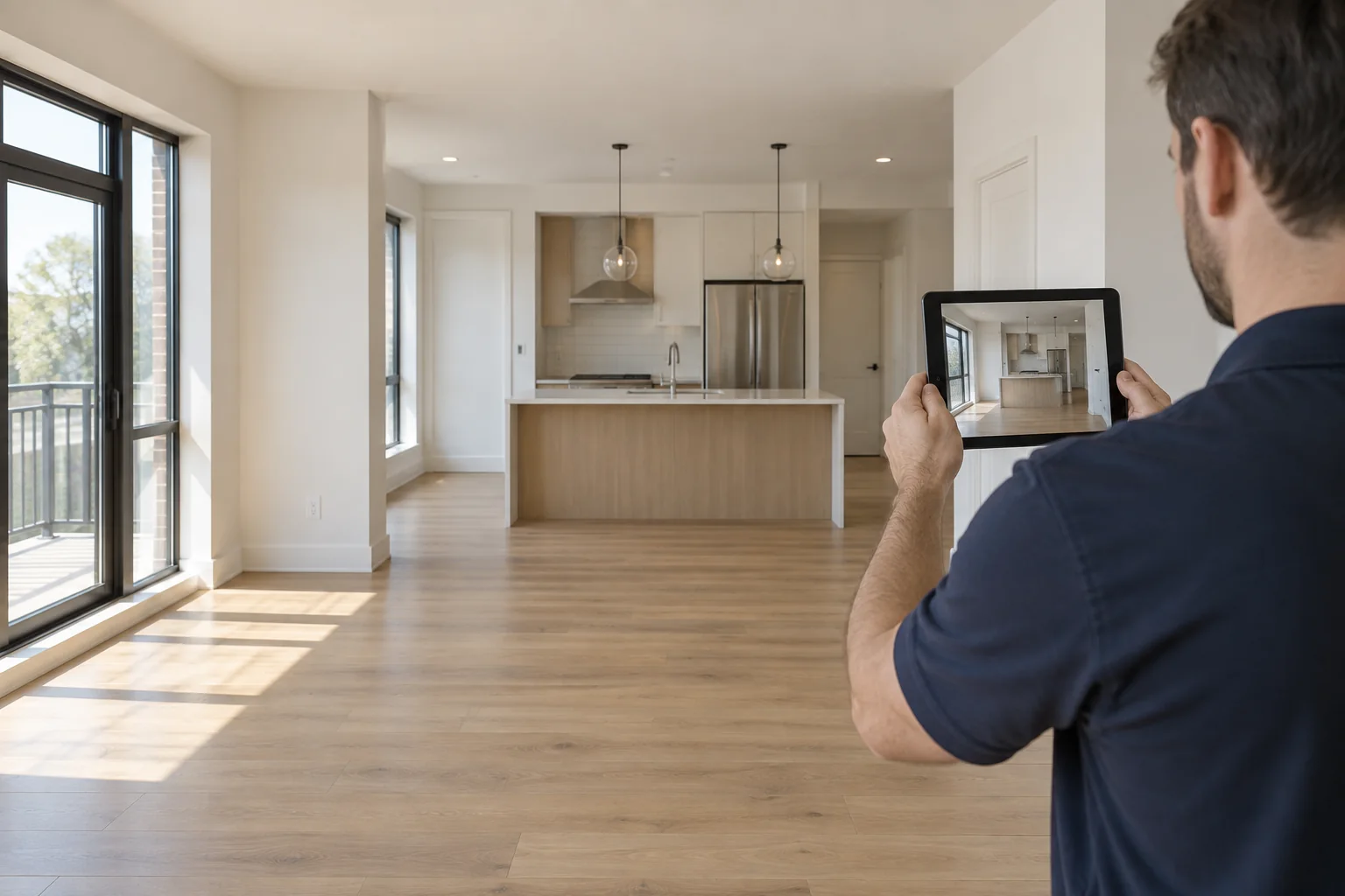 Illustrative property inspector documenting an unfurnished rental interior.